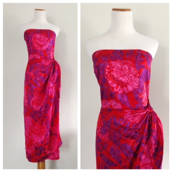 Vintage Dresses & Skirts - Vintage 80s Strapless Silk Dress Floral Honeymoon